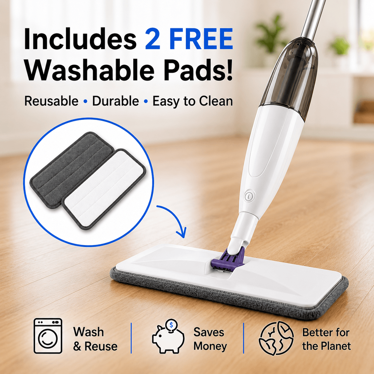 HomeVibe™ SwiftSpray Mop + 2 Free Washable Pads